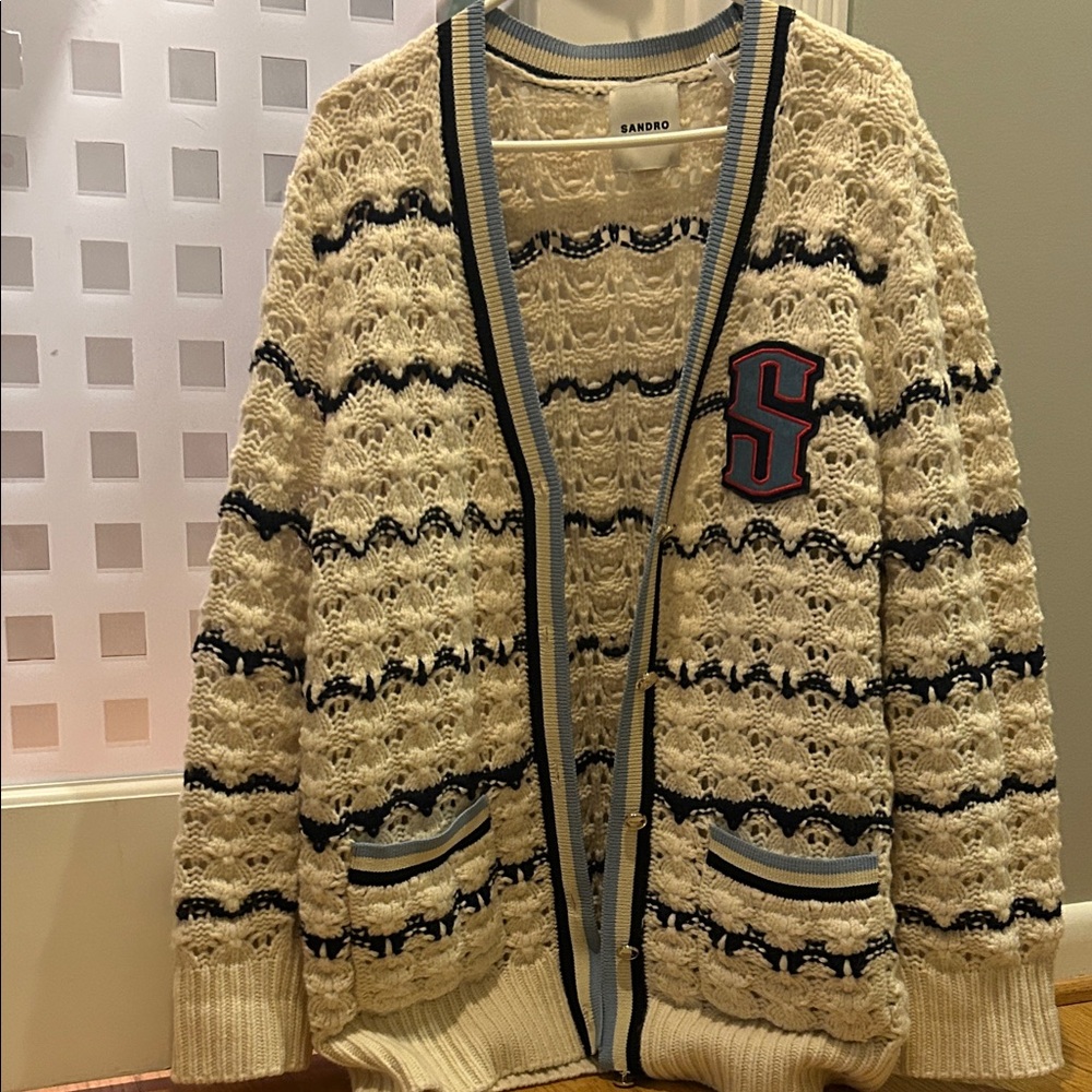 Sandro Beige and Navy “varsity” Cardigan